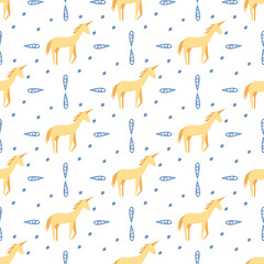 Seamless childish pattern with hand-drawn unicorn vector illustration. Good for kids theme, fabric, textile, stationary, card, wallpaper.