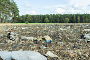 A large amount of garbage lying in the field (illegal garbage dump). Environment pollution