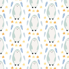 Seamless childish pattern with hand-drawn penguin vector illustration. Good for kids theme, fabric, textile, stationary, card, wallpaper.
