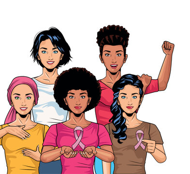 interracial group of girls with pink ribbons breast cancer campaign pop art style
