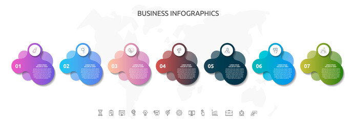 7 steps infographics with abstract labels. Vector template seven part used for diagram, business, workflow layout, presentations, flowchart, info graph, timeline, content