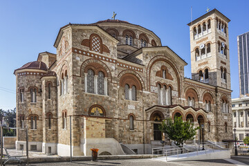 View of Neo-Byzantine Cathedral of Holy Trinity ("Agia Triada", from 1839). Church of the Holy Trinity located in center of Piraeus overlooking port. Piraeus, Attica, Greece, EU.
