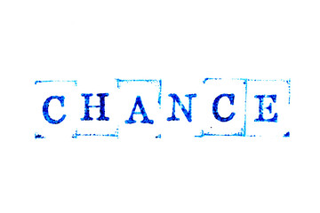 Blue color ink of rubber stamp in word chance on white paper background