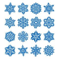 Set of vector blue unique detailed snowflakes isolated on a white background.