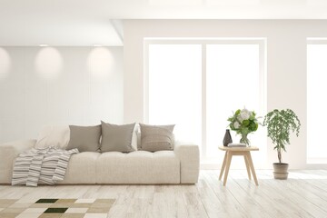 White living room with sofa. Scandinavian interior design. 3D illustration
