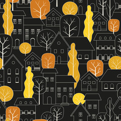 Autumn city pattern with house silhouettes and bright yellow trees, cartoon style. Can be used as seamless background, wallpaper, wrapping paper, textile, fabric etc
