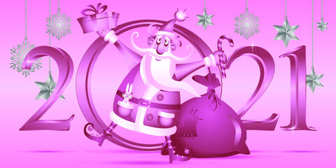 Vector drawing of pink Santa Claus with a gift on the background of 2021