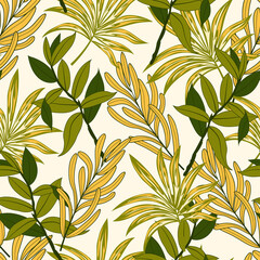 Fototapeta premium Abstract seamless tropical pattern with bright plants and leaves on a white background. Jungle leaf seamless vector floral pattern background. Seamless exotic pattern with tropical plants.