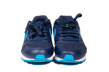New running blue shoe isolated on white background. Front view