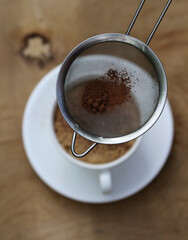 cup of cappuccino, cup of coffee with chocolate, coffee on the table, cafe, table, cofee, meny, atmosphere, cup, food