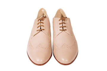 Woman beige leather shoes with low heel isolated on the white background. Front view