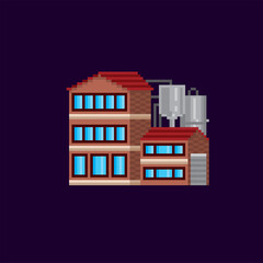 Factory, industrial building.Pixel art. Old school computer graphic style. Element design for logo, stickers, web, embroidery and mobile app. Isolated vector illustration. 8-bit sprite.