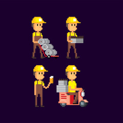 Workers produce and distribute beer. Pixel art. Old school computer graphic style. Element design for logo, stickers, web, embroidery and mobile app. Isolated vector illustration. 8-bit sprite.