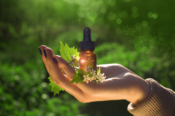 Hand with aroma oil in dropper bottle. Bach flower essence and blooming nettle.