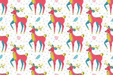 Deers with leaves. Seamless pattern, texture, background. Merry Christmas, Happy New Year. Packaging design. Wildlife, nature, animals.