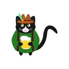 Сute german black cat with a glass of beer, in a green jacket with suspender and  hat with a feather. Doodle flat illustration vector
