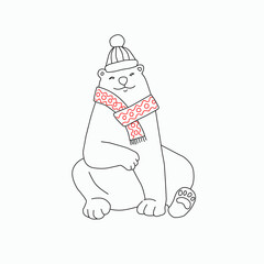Hand-drawn vector funny bear in winter clothes. Contour drawing is suitable for coloring,t-shirt logo, greeting card, poster, invitation, or printed design.