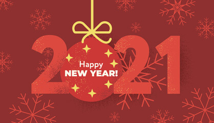 Happy New 2021 Year. Holiday vector illustration of red numbers, text and decoration with snowflakes and balls with ribbon. Festive poster or banner design, seasonal holidays flyers, greetings