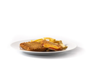 San Jacobo steak filled with cheese and ham isolated on white background