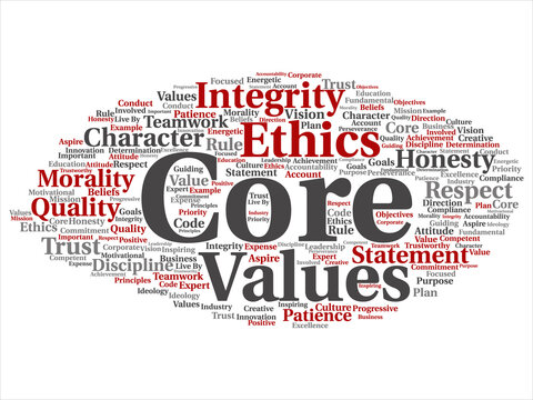 Vector conceptual core values integrity ethics abstract concept word cloud isolated background. Collage of honesty quality trust, statement, character, important perseverance, respect trustworthy text
