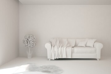 White minimalist living room with sofa. Scandinavian interior design. 3D illustration