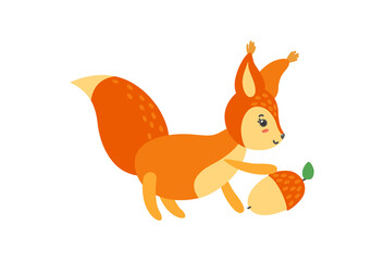 Squirrel with acorn isolated in white background. Illustration of playful baby squirrel. Vector illustration in cartoon style