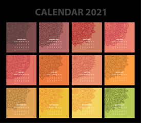 Calendar for 2021 year. Vintage decorative mandala elements. Week starts on sunday. Vintage style template for your design