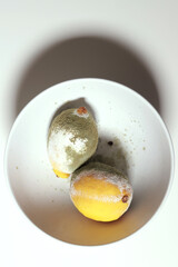 vista cenital de dos limones podridos y descompuestos en un envase blanco 