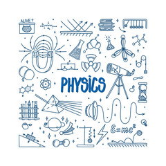 Physics doodle with magnet, prism, telescope, atom and different experiments. Hand drawn science items. Physics theory elements and formula equation isolated. Vector illustration in doodle style