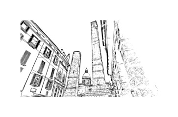 Building view with landmark of Bologna is the capital and largest city of Northern Italy. Hand drawn sketch illustration in vector. © dhanu3182
