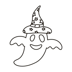 halloween ghost floating with witch hat style line icon