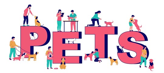 Pets typography vector banner template. Happy people with dogs. Men, women, kids walking, feeding, training their puppies, visiting vet. Homeless pet adoption, dog training classes, animal care.