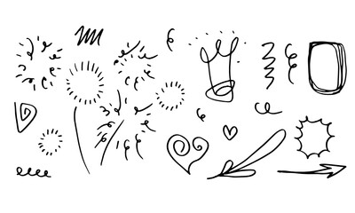 hand drawn set element,black on white background.heart,light,king,emphasis,swirl,for concept design.