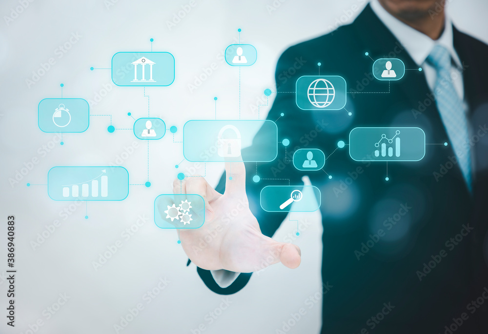 Poster businessman touching big data and chart and cloud and business intelligence with chart and graph ico