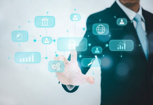 Businessman touching Big data and chart and Cloud and business intelligence with chart and graph icons, Team success, HR Human, Business success, and teamwork concept.