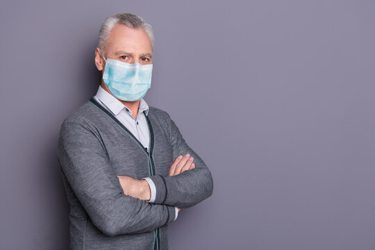 Profile Side Portrait Of Top Manager Financier Business Shark Banker Folded Arms Wear Mask Isolated Over Gray Pastel Background