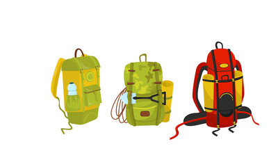 Camping or Hiking Backpack with Equipment and Gear Vector Set