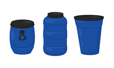 Blue Plastic Barrel with Closed Lid Vector Set