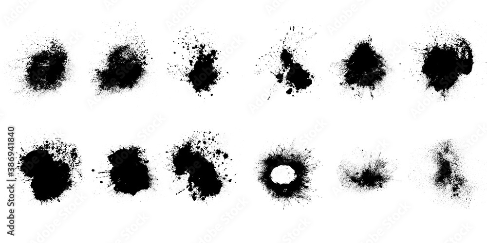 Poster set of black splashes with splashes isolated on white background