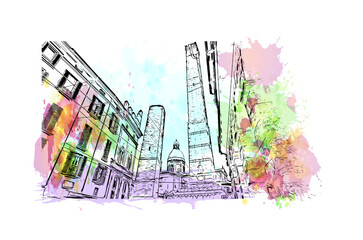 Building view with landmark of Bologna is the capital and largest city of Northern Italy. Watercolor splash with hand drawn sketch illustration in vector. © dhanu3182