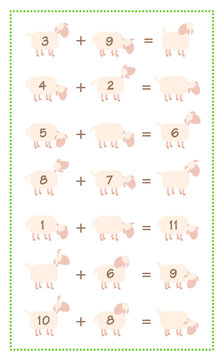 Math game sheet with additions and subtractions, simple mathematical fun with black sheep. Isolated comic vector illustration on white background.
