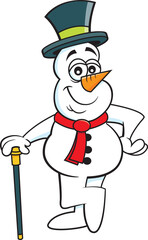 Cartoon illustration of a snowman in a top hat leaning on a cane.