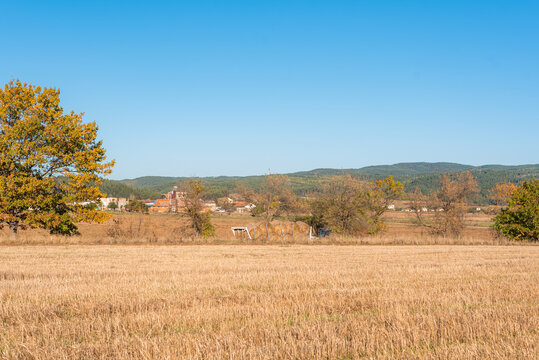 Hay Bail Truck Crossing Near Dry Hay Field Clear Cut Path Warm Color Bulgaria Rural Landscape Sun Day Clear Blue Sky