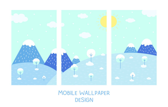 Winter vector landscape in blue colors with houses, trees, mountains, fields and snow. Vector illustration for mobile background, postcards, web, print © Elena Russkih