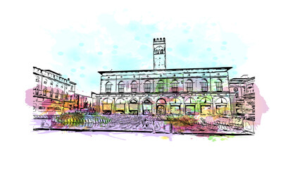 Building view with landmark of Bologna is the capital and largest city of Northern Italy. Watercolor splash with hand drawn sketch illustration in vector. © dhanu3182
