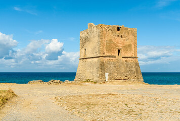 View of Ancient Tower Mulinazzo, located inside the Falcone e Borsellino Airport of Punta Raisi in the province of Palermo, Cinisi, Italy