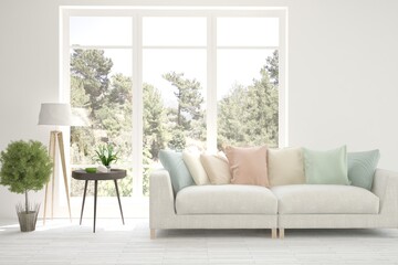 White living room with sofa. Scandinavian interior design. 3D illustration