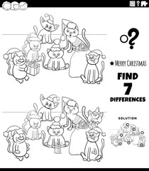 differences game with kittens on Christmas time coloring book page