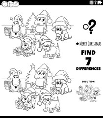 differences game with dogs on Christmas time coloring book page