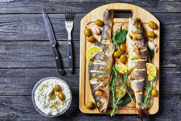 Roasted seabass with olives and tartar sauce